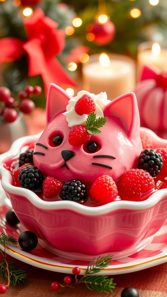 A pink jellycat dessert with berries and whipped cream in a festive setting.